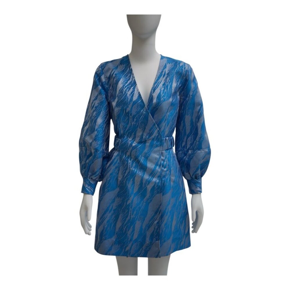 BEAUTIFUL GANNI BLUE/ METALLIC SILVER POET SLEEVE DRESS 2/36